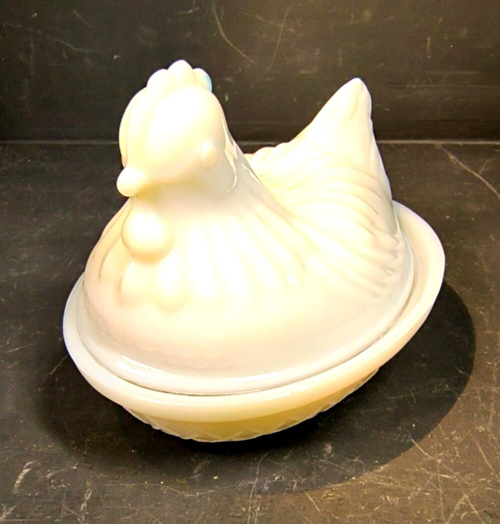 2237. Vintage Opalescent Milk Glass Hen on a Woven Basket Nest Lidded Dish